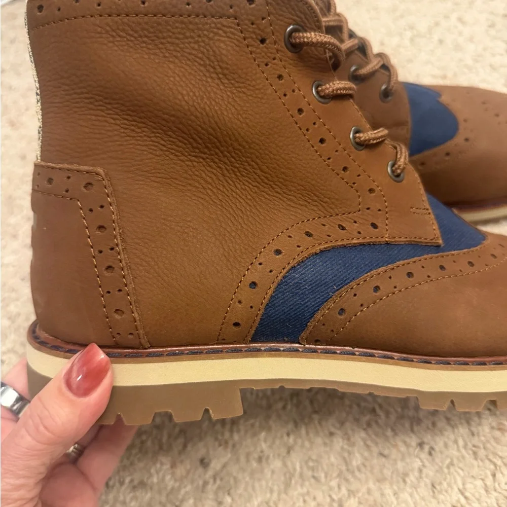 Tom’s Men's Hombres Brogue Leather Chestnut Brown Blue Preppy Boots